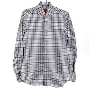 ISAIA Napoli Mens Dress Shirt 15 1/2‎ Check Plaid Black & White Button Up